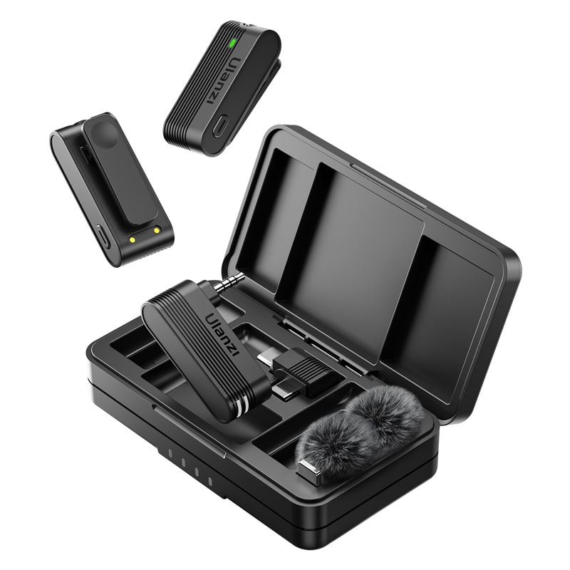 Ulanzi A100 dual wireless lavalier microphone kit with two transmitters, dual-channel receiver, charging case, and USB-C/3.5mm adapters