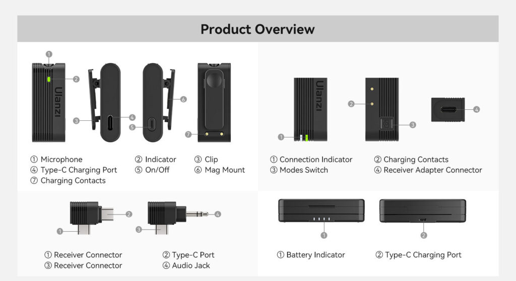 Ulanzi A100 wireless lavalier microphone with compact design, charging port, and easy connection for high-quality audio recording.