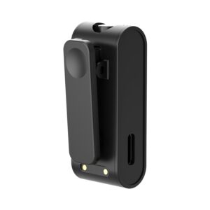 Ulanzi A100 wireless lavalier transmitter USB-C charging port close-up with 800mAh charging case for 13.5-hour battery life