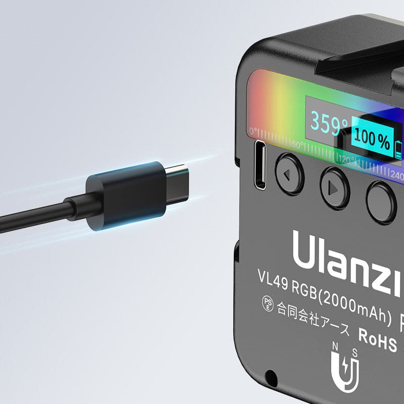 Rechargeable Ulanzi VL49 mini RGB light with adjustable colours and brightness. Compact design ideal for photography, videography, and content creation.