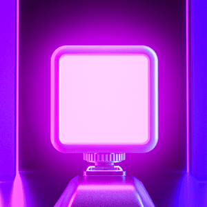 Ulanzi VL49 mini RGB light mounted on stand emitting vivid magenta pink RGB color with dramatic purple ambient glow