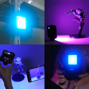 Ulanzi VL49 mini RGB light four usage scenarios showing accent lighting for product photography, mobile phone photography fill light, and handheld vlogging light