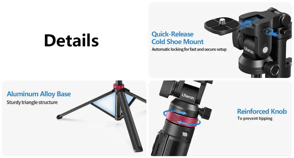 Quality Ulanzi MT-78 tripod featuring quick-release cold shoe mount for versatile camera setup.