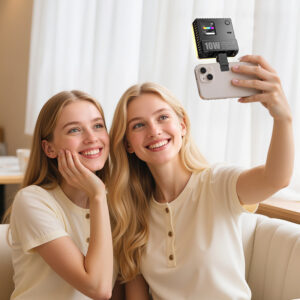 Two women filming smartphone selfie video using Ulanzi C10RGB portable LED light for social media content creation