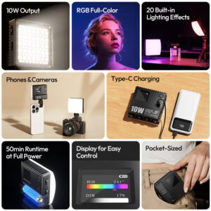 Ulanzi C10RGB infographic showing 10W output, full-color RGB, 20 built-in lighting effects, pocket-sized design, Type-C charging, and 50-minute runtime