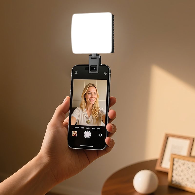 LED video light with smartphone mount for professional lighting.
