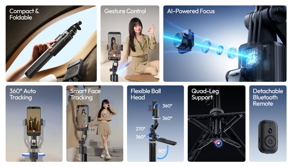 Ulanzi TT23 Auto-Tracking Selfie Stick Tripod with gesture control, AI focus, 360° auto-tracking, flexible ball head, quad-leg support, and Bluetooth remote for stable selfies and videos.
