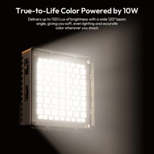 Ulanzi C10RGB LED panel actively emitting bright RGB colored lighting for vlogging, streaming, and studio shoots