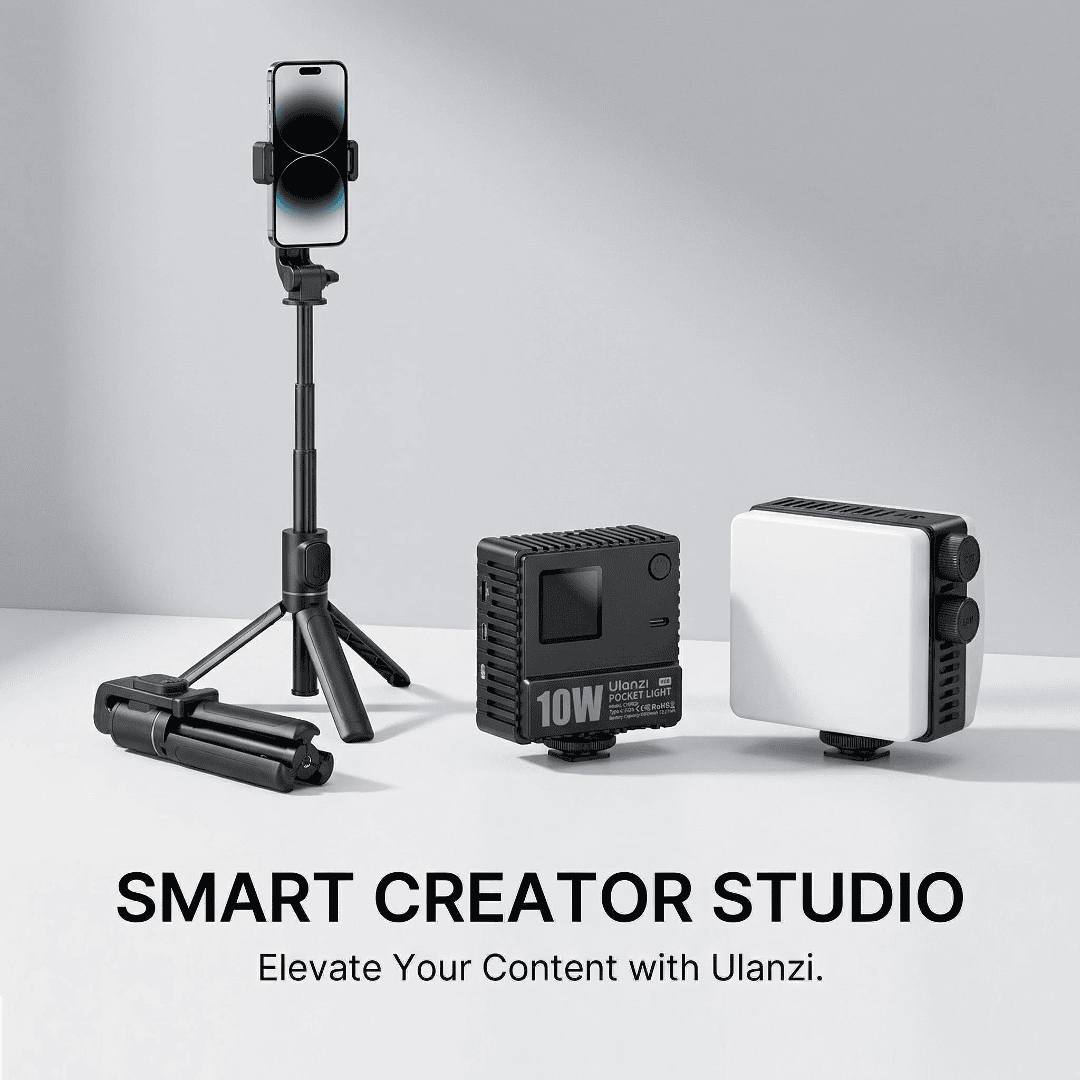 Ulanzi photography gear collection featuring TT23 auto-tracking tripod, C10RGB pocket light, and 20W LED video light with accessories