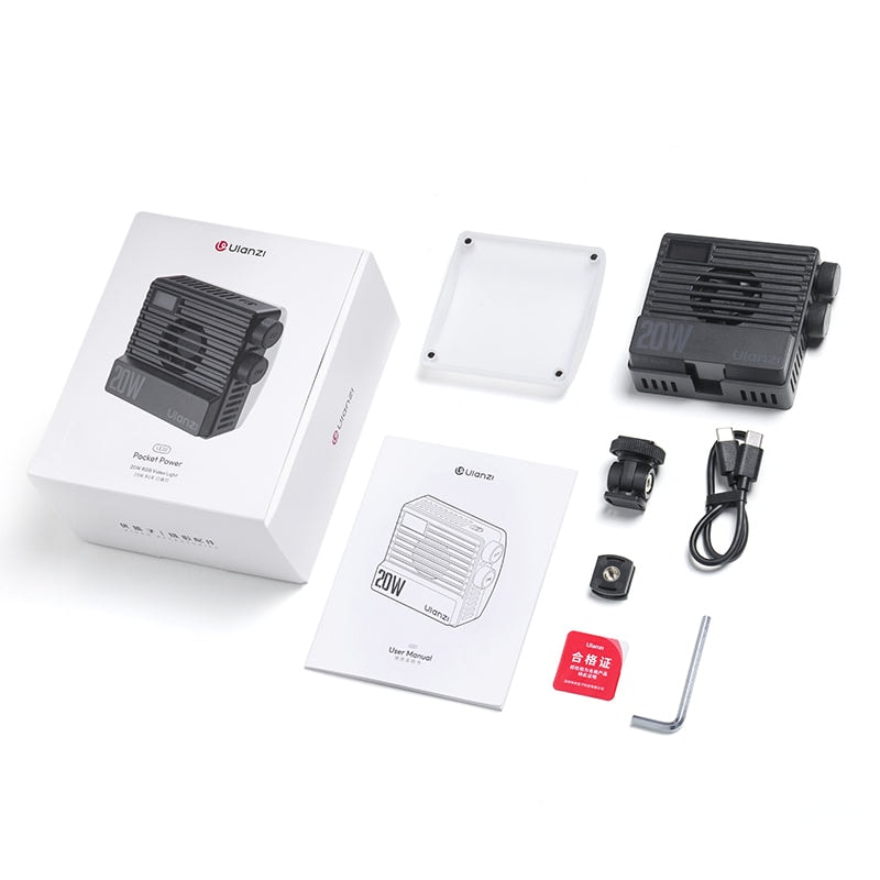 Ulanzi LE20 20W portable RGB video light for professional content creation and photography. Compact design with adjustable colour and brightness, ideal for vlogging, filming, and live streaming.