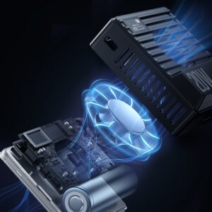 Ulanzi LE20 internal cooling system cutaway illustration showing built-in high-speed fan with blue airflow animation and heatsink structure for heat dissipation
