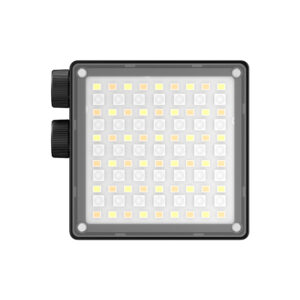 Ulanzi LE20 front LED panel alternate angle showing CRI 95+ bi-color warm and cool white LED grid with control knobs on top