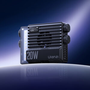 Ulanzi LE20 rear view showing ventilation heatsink fins, USB-C charging port, CCT and DIM rotary knobs, and 20W Ulanzi branding