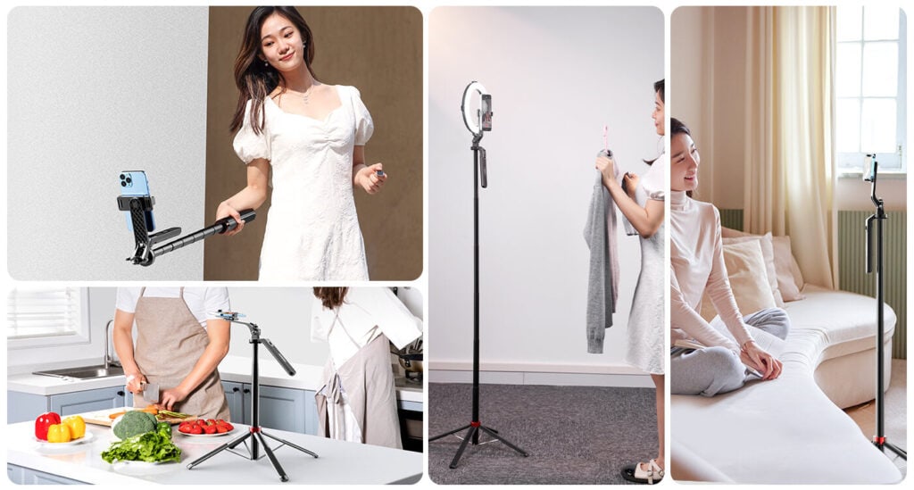 Bluetooth remote control selfie stick for action cameras and smartphones.