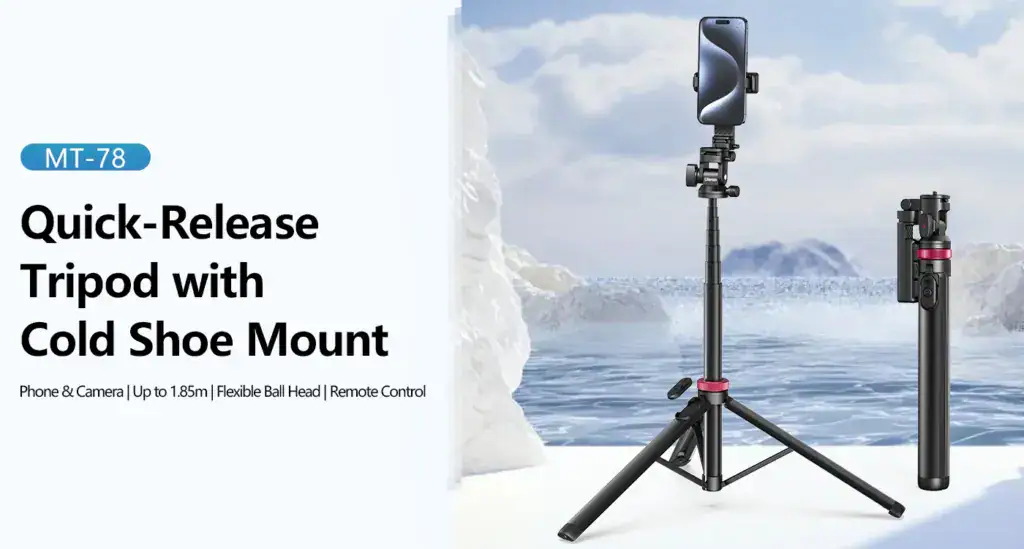 Versatile Ulanzi MT-78 tripod with quick-release feature and cold shoe mount for cameras and smartphones, ideal for outdoor photography and videography in rugged environments.