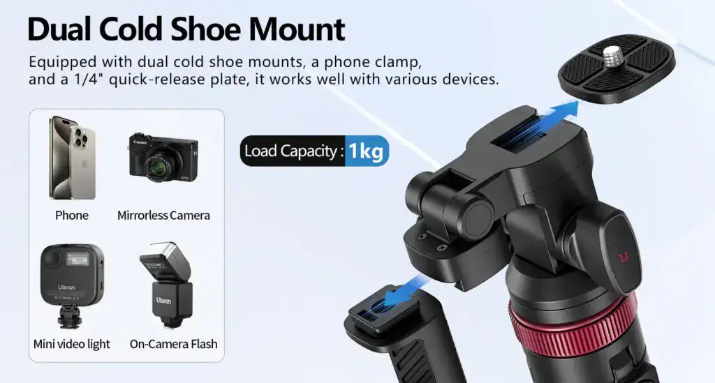Versatile Ulanzi MT-78 tripod with quick-release plate and cold shoe mount for smartphones and cameras. Supports up to 1kg, ideal for vlogging, photography, and video recording.