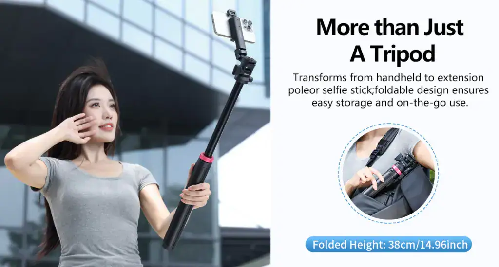 Compact tripod with cold shoe for versatile camera and smartphone mounting. Easy to carry, quick to set up, ideal for vlogging, photography, and content creation on the go.