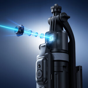 Ulanzi TT23 AI auto-tracking sensor module close-up with blue light beams illustrating face and body tracking technology