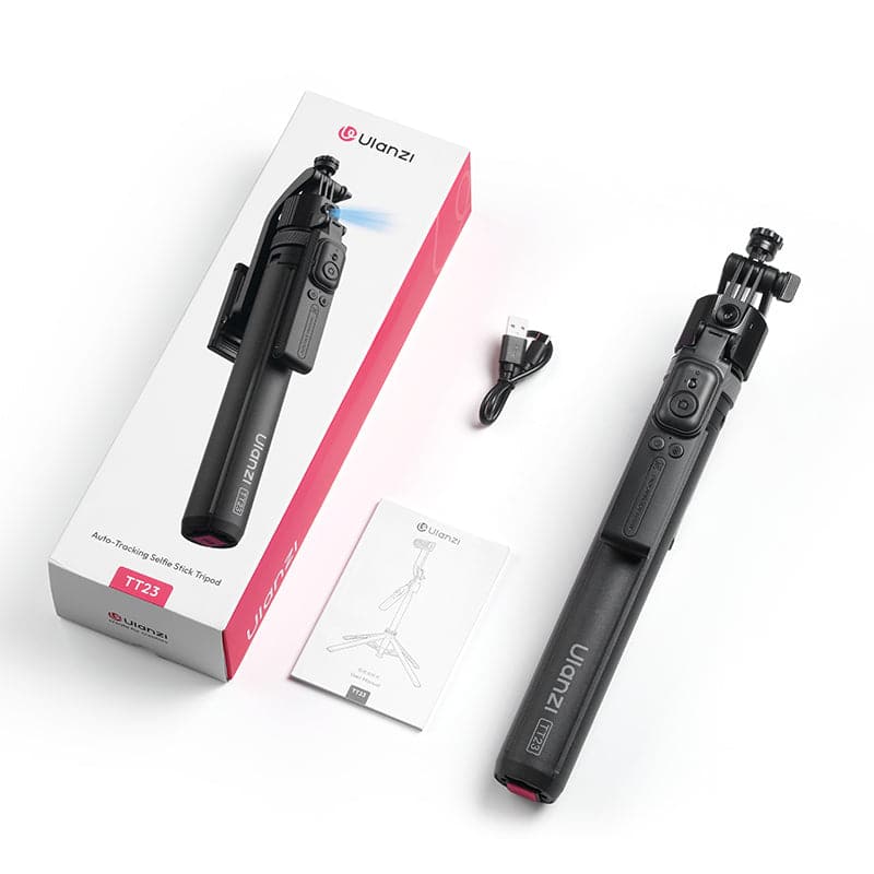 Tracking selfie stick with tripod for smartphones and cameras. Compact, portable design with built-in motor for smooth auto-follow tracking. Ideal for vlogging and content creation.