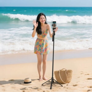 Ulanzi TT23 set up as standalone tripod on a sandy beach for hands-free travel vlogging with woman posing next to turquoise ocean waves