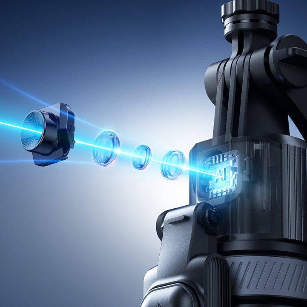 Tracking selfie stick with tripod for hands-free videos.